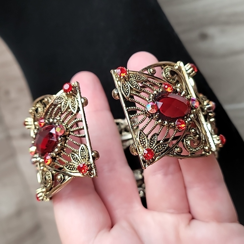 Victorian Revival Gold Tone Cuff Bracelet | Red Rhinestone Statement | Filigree - Picture 4 of 7